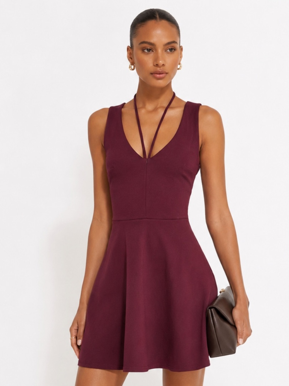 MINKPINK Sleeveless Burgundy Skater Dress with V-Neck and Strap Detail Size S
